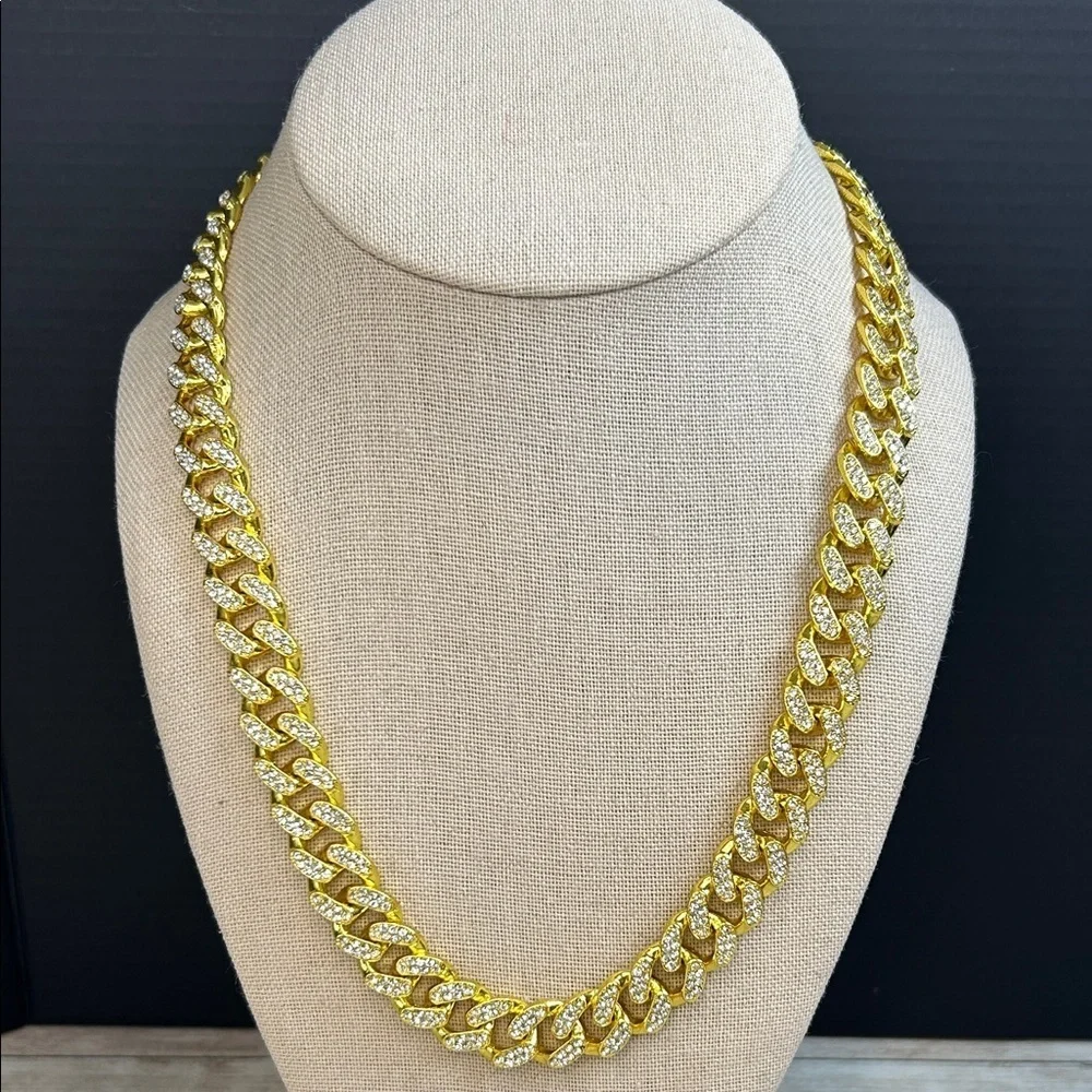 Stunning Gold Cuban Link Chain Necklace Adorned With Crystals
